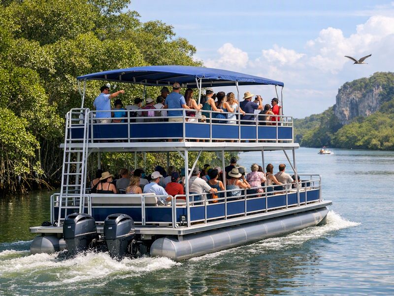 Bateau ponton &agrave; deux &eacute;tages